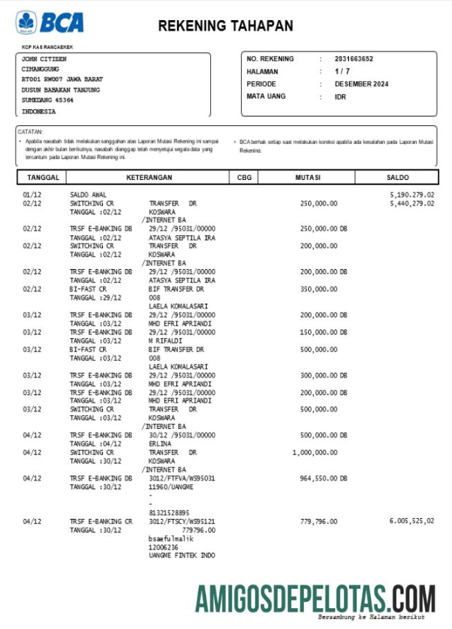 Modelo de extrato bancário da INDONÉSIA BCA para download, formato Word e PDF, versão 2